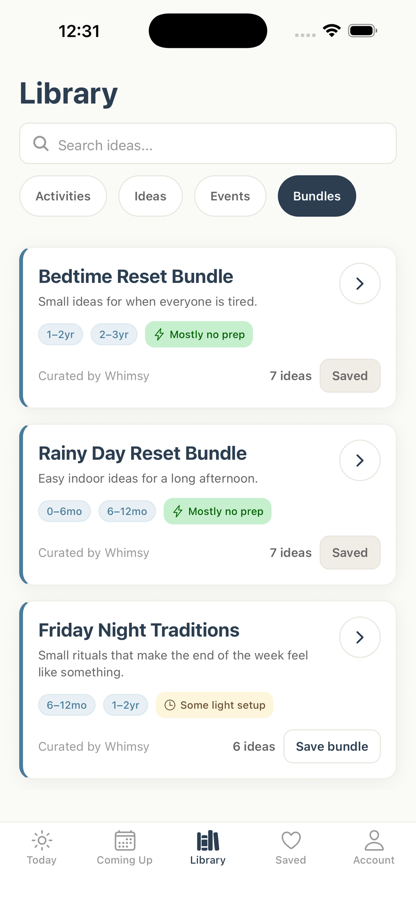 Whimsy bundle library showing bedtime and rainy day activity bundles.