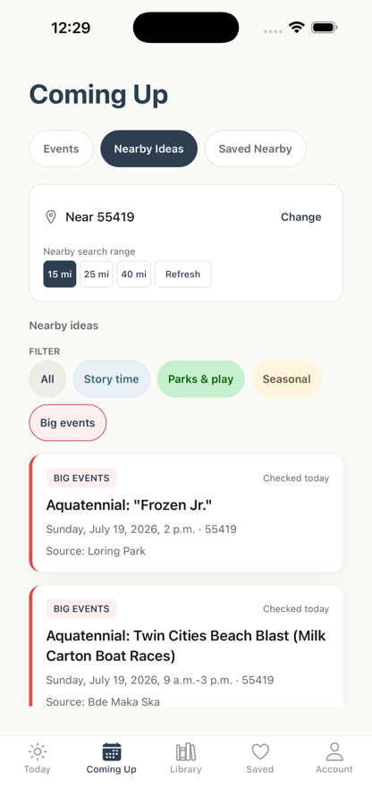 Whimsy Nearby screen highlighting a larger local family event.